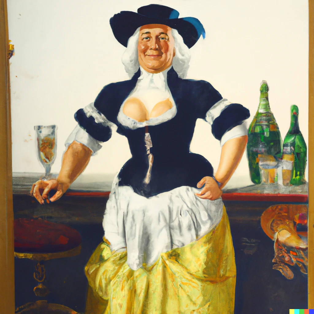 Prompt: 1800s painting of a buxom woman wearing skimpy clothes at a bar