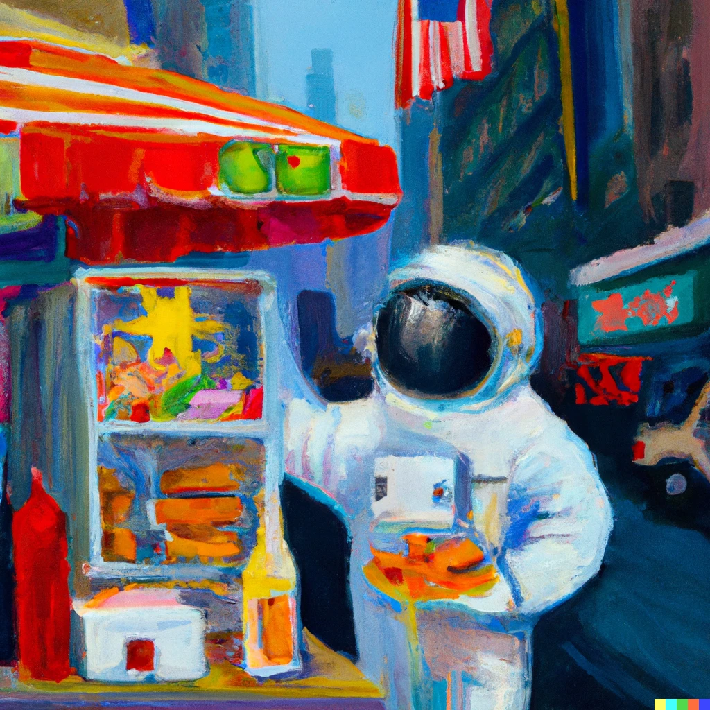 Prompt: an astronaut working at a hot dog vending cart in the center of Times Square, oil painting