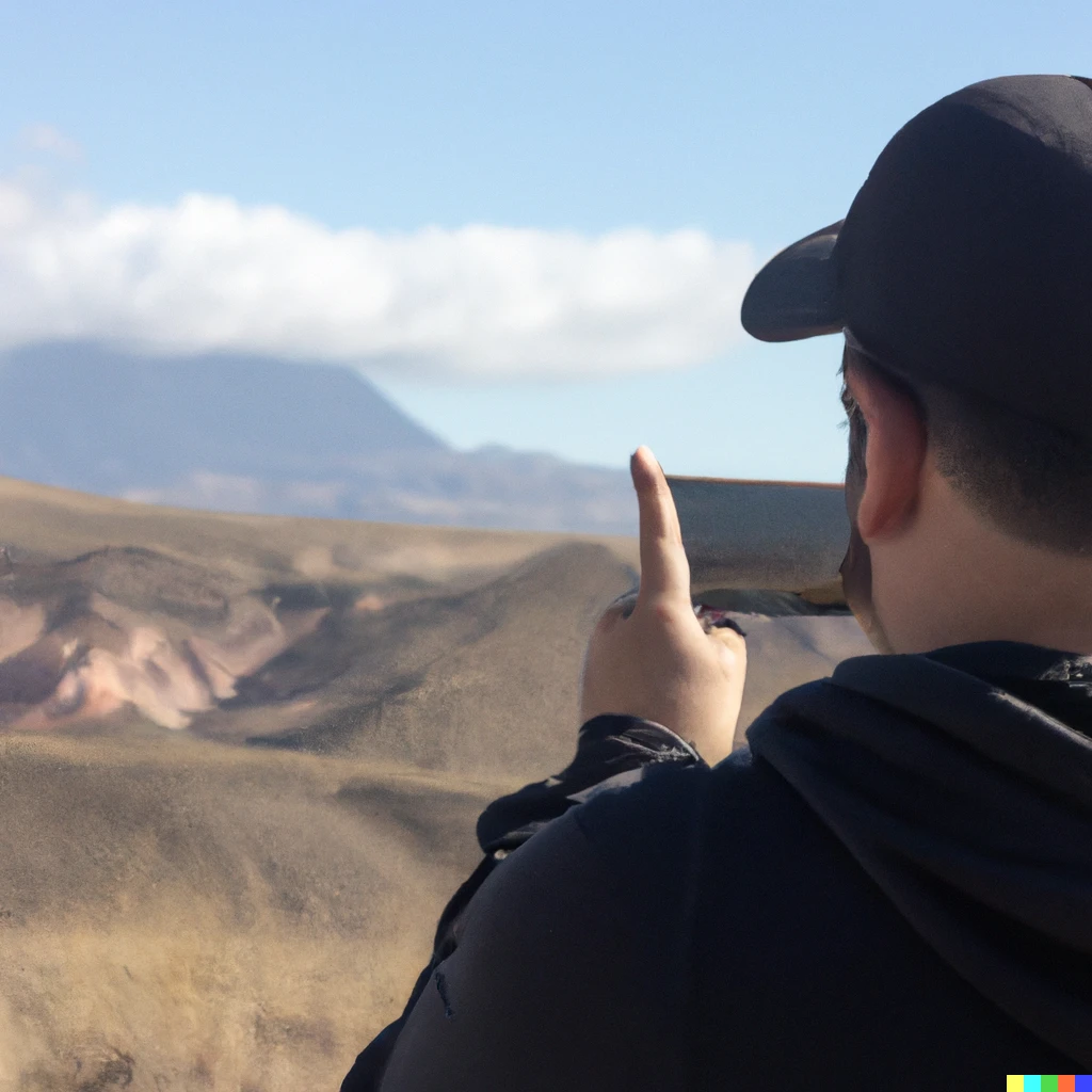 Prompt: Man snaps with cell phone, a man with baseball cap on his head and camera in front of his face, from behind while photographing a mountainous landscape