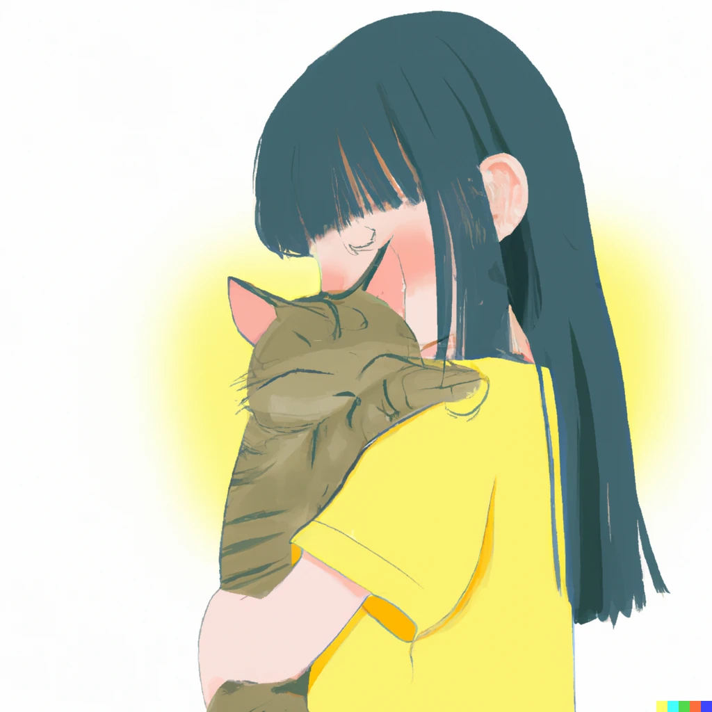 Prompt: 黄色い猫を抱いた少女