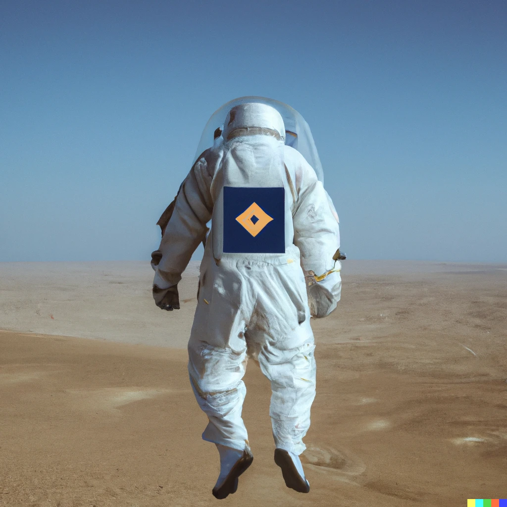 Prompt: A photo of a cosmonaut with a Slavic runes patch levitating above blue desert