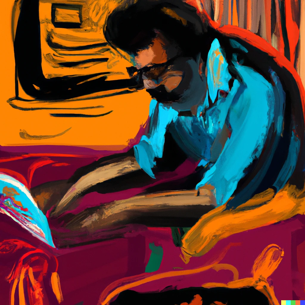 Prompt: an expressive painting of a person programming on a laptop in a colorful room