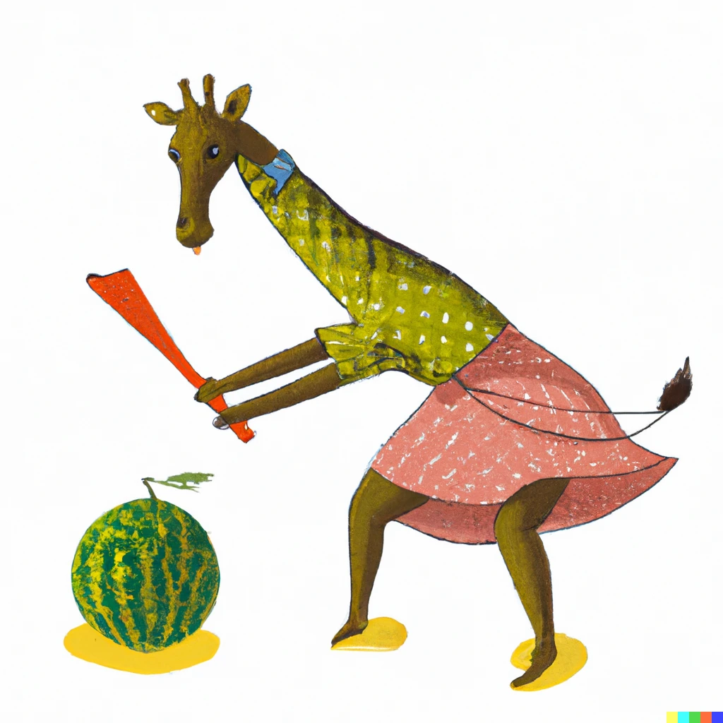 Prompt: a giraffe playing golf with a watermelon caddy, children's illustration