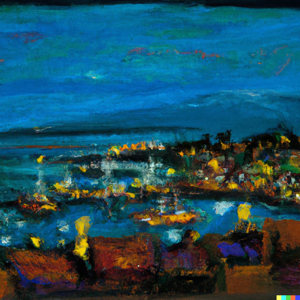 Prompt: a view of the santa barbara harbor at night, as painted by van gogh