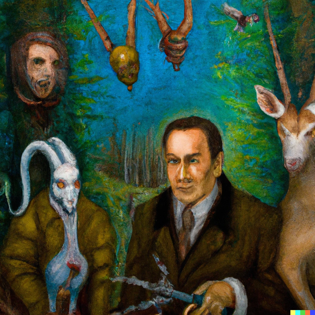 Prompt: an oil painting of nicolas cage fighting haunted animatronic woodland critters