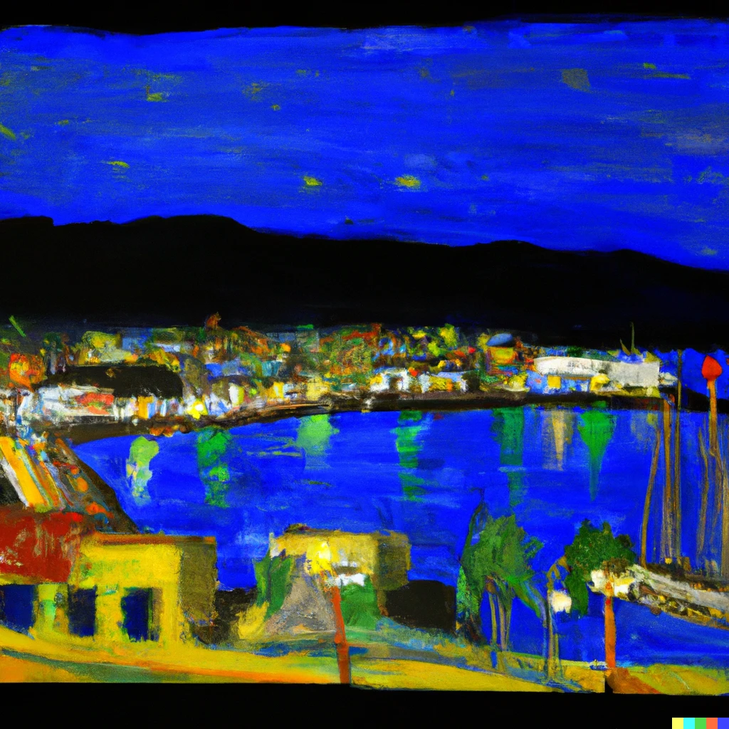 Prompt: a view of the santa barbara harbor at night, as painted by van gogh