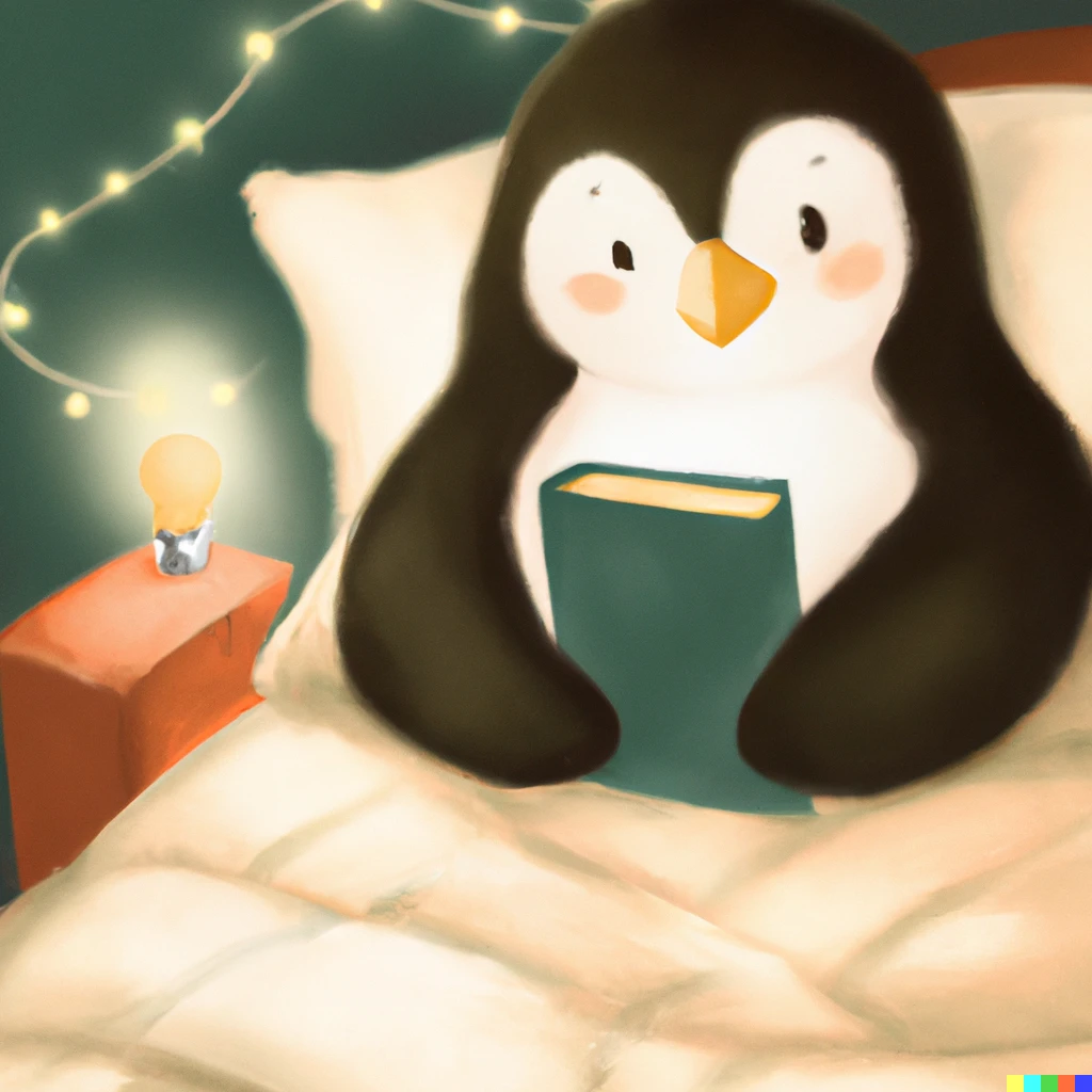 Prompt: a cute fluffy penguin relaxing in bed with a book and a nightlight