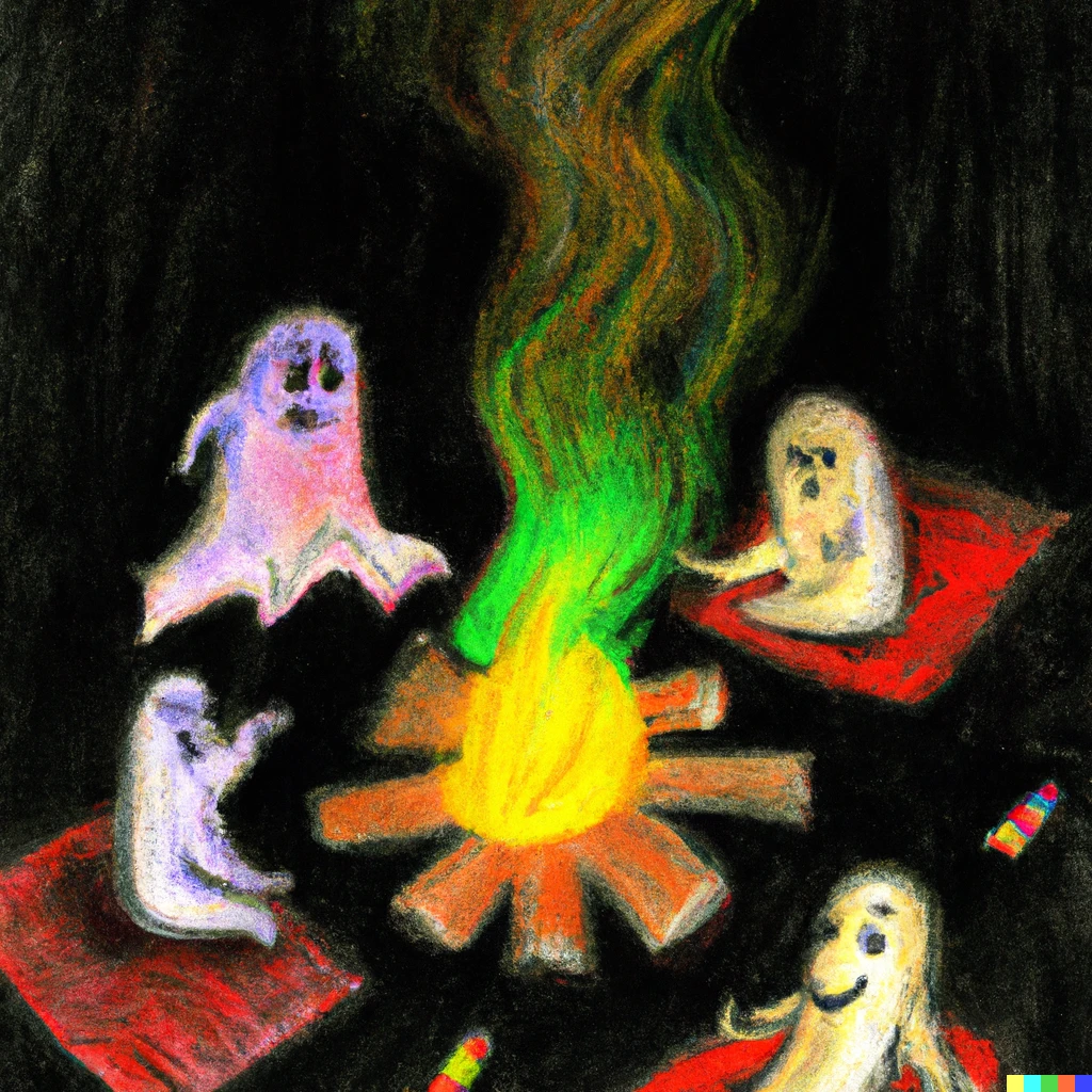Prompt: sitting around a campfire telling ghost stories with friends, colored pencil on black paper