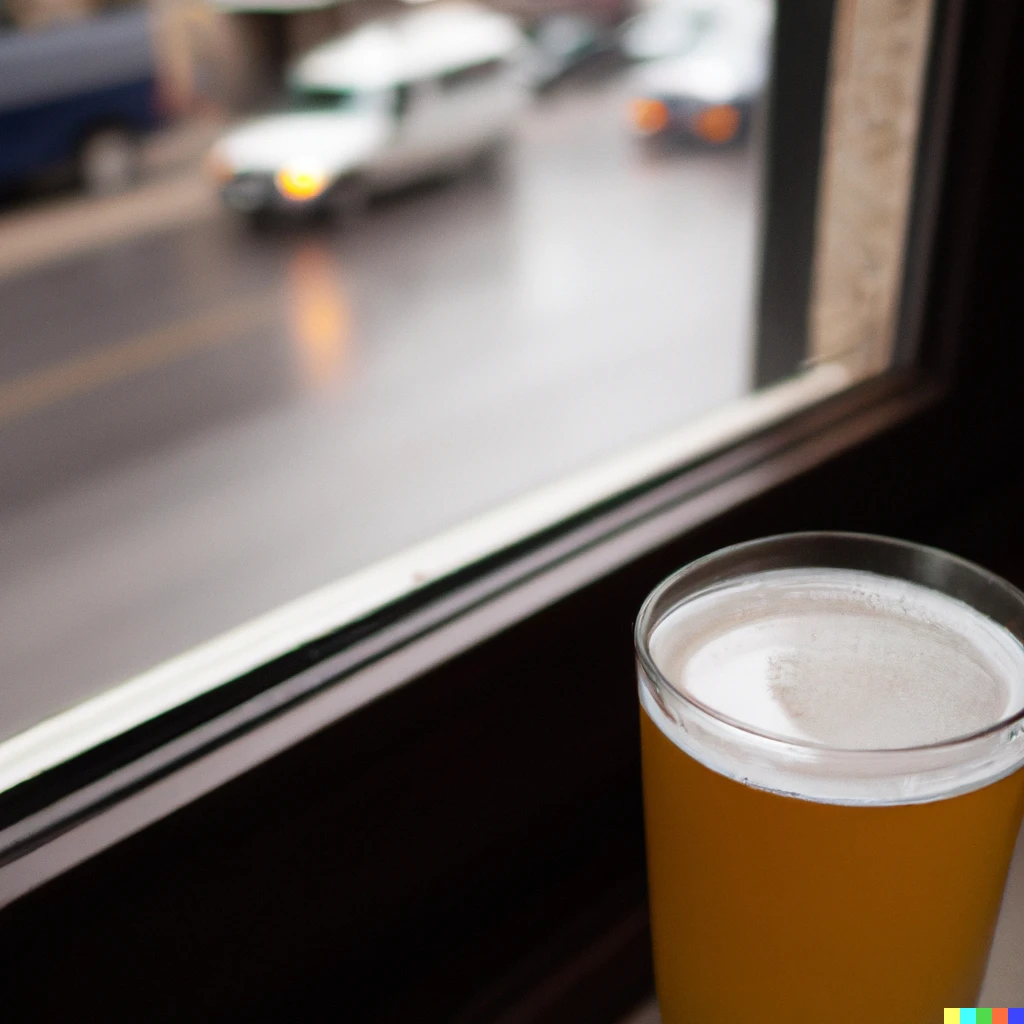 Prompt: a glass of beer sitting next to a window with a view of a busy street