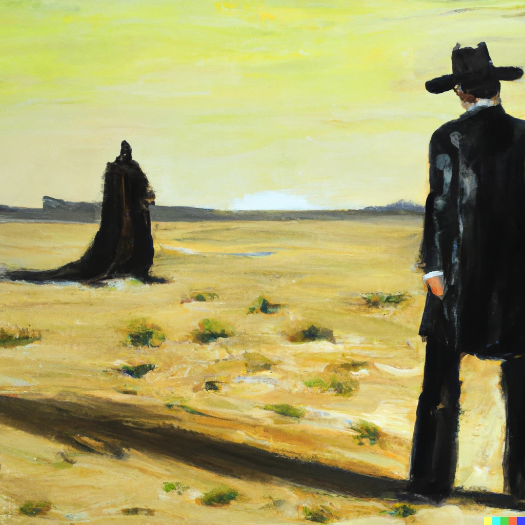 Prompt: the man in black fled across the desert and the gunslinger followed, oil painting