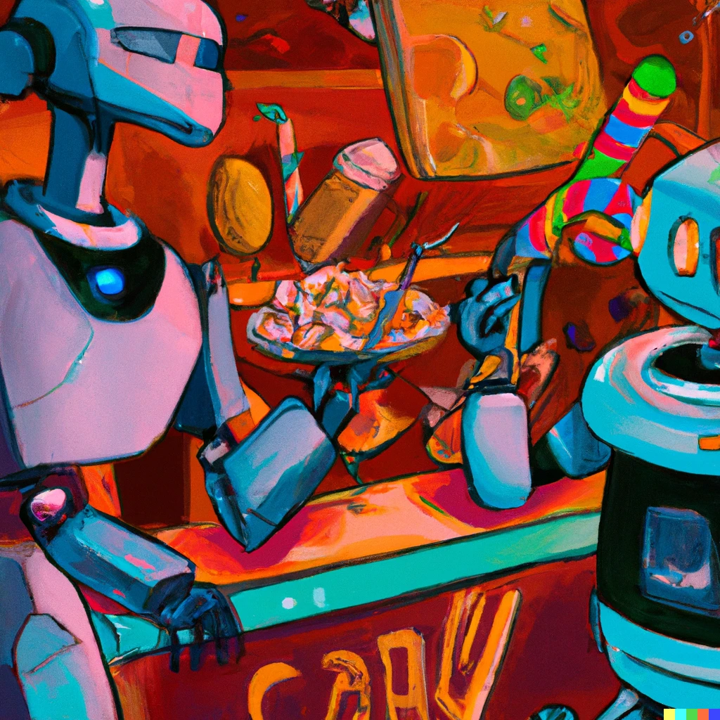 Prompt: a painting of robots serving candy in a futuristic candy shop