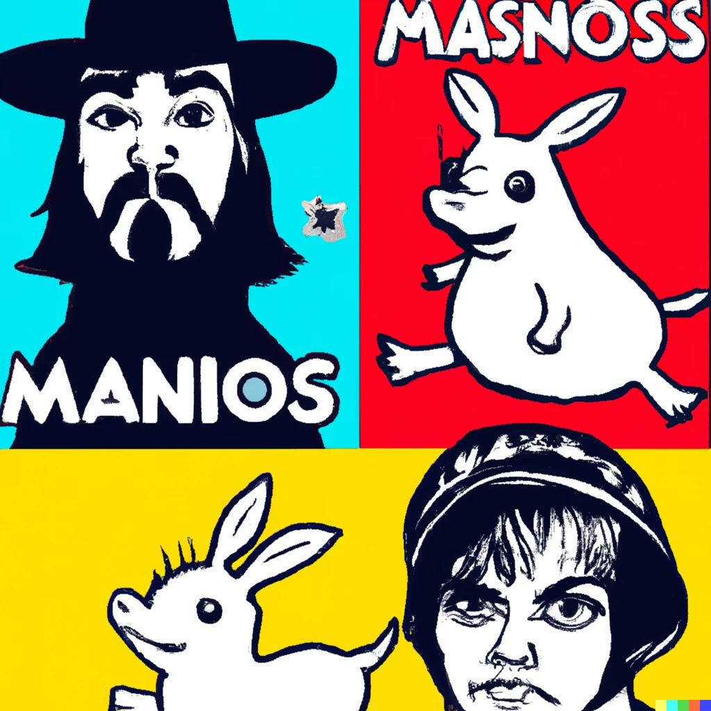 Prompt: Moomins and Charles Manson, pop art