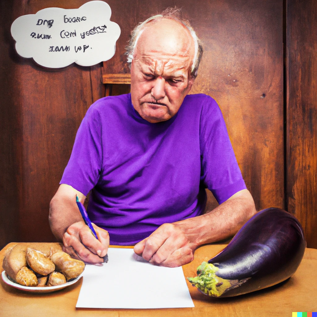 Prompt: old white man looking like an eggplant writing a complaint about potatoes