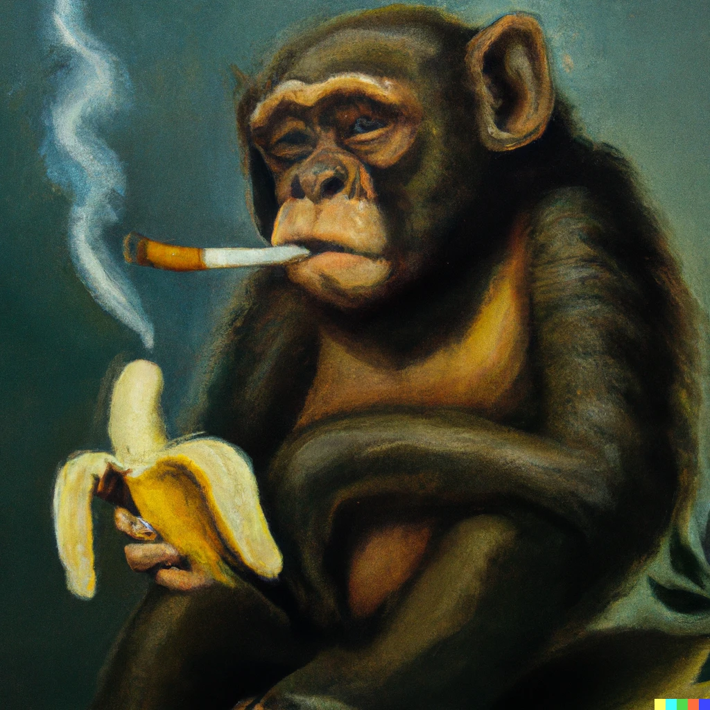 Prompt: a realistic oil painting of a bored ape smoking a banana