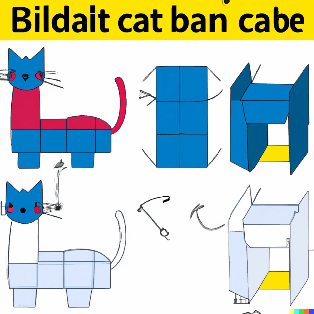 Prompt: A colored diagram showing how to build an ikea cat from a kit