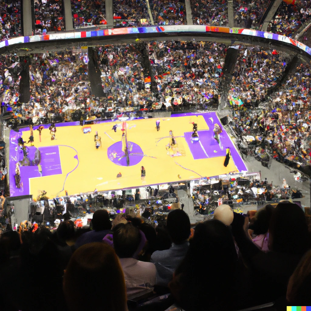 Prompt: Cheer a basketball game from the third floor of an NBA arena, photo