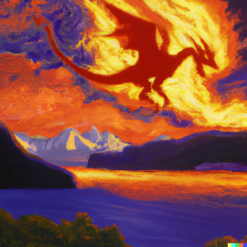 Prompt: A firebreathing dragon flying in a norwegian fjord painting by Munch