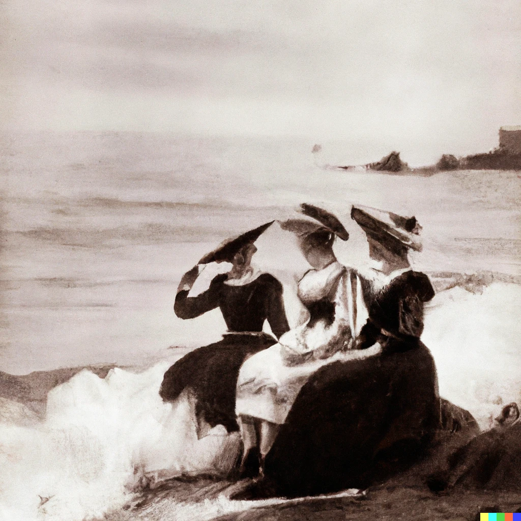 Prompt: Women Seaside Rendezvous in the early 20th Century 