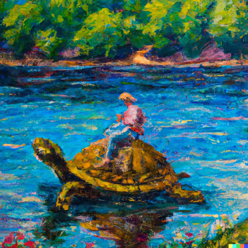 Prompt: A monet style painting of A man riding a turtle on the mississipi river