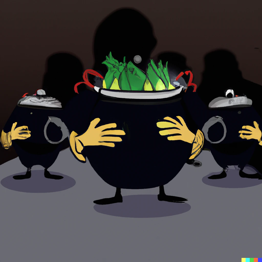 Prompt: pots with hands dressed in black stealing vegetables in dim lighting cartoon