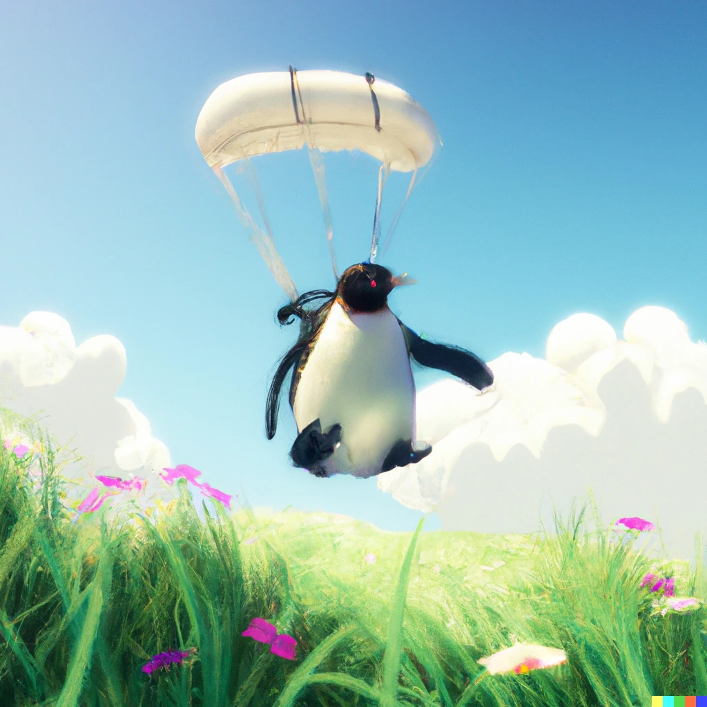 Prompt: Penguin parachuting in a meadow, digital art