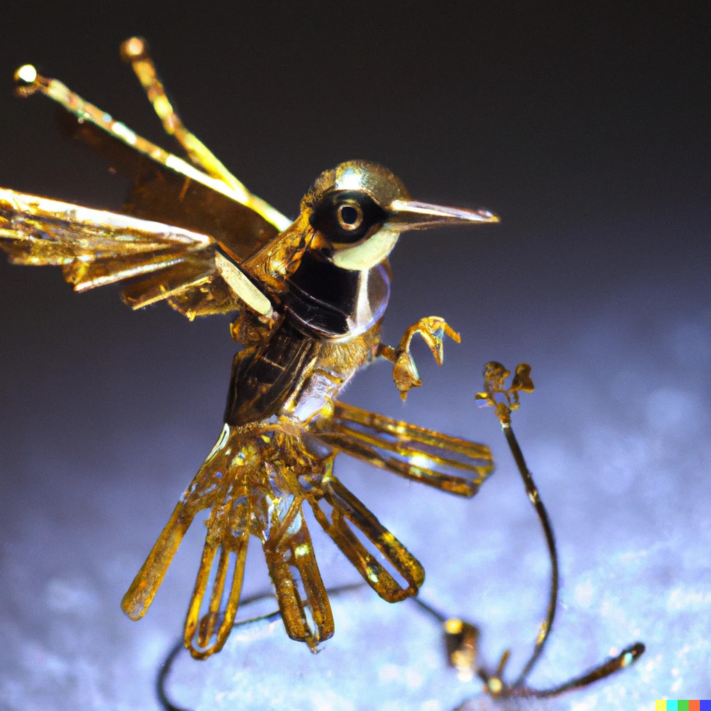 Prompt: Close-up action photo of a hummingbird in flight. The hummingbird is a robot made of lots of intricate shiny gold parts.