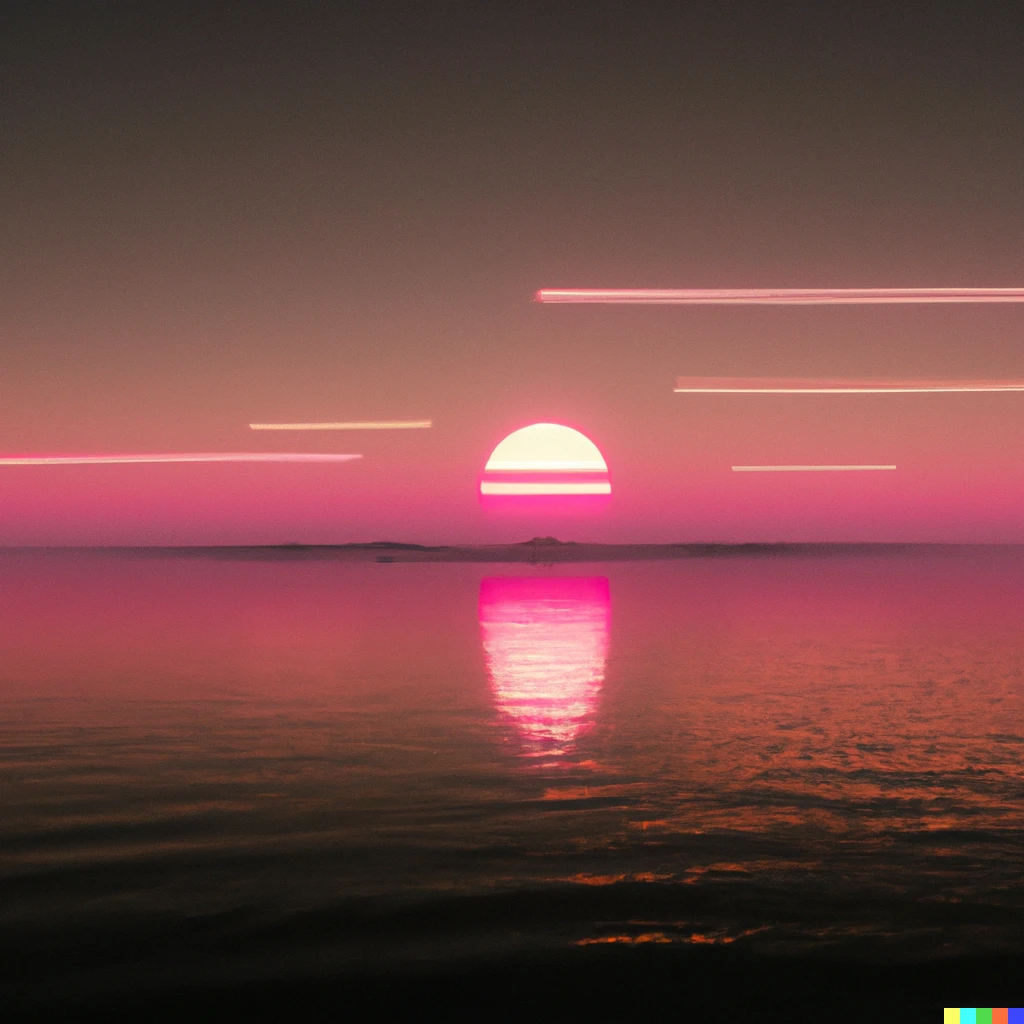 Prompt: A synthwave style sunset above the reflecting water of the sea, digital art