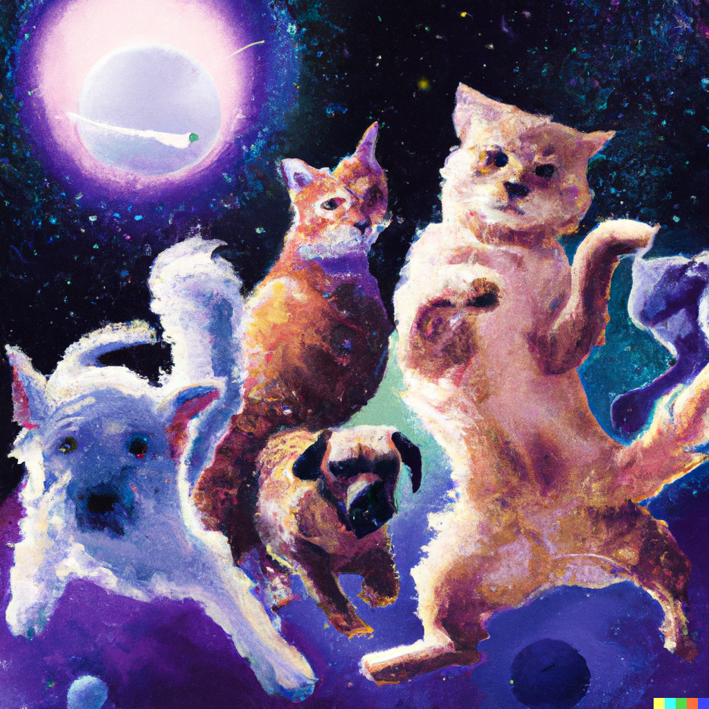 Nari × DALL·E | Cats and dogs dancing together in space