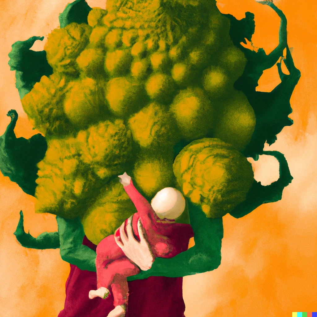 Prompt: digital art of a giant romanesco cauliflower holding a baby in its arms