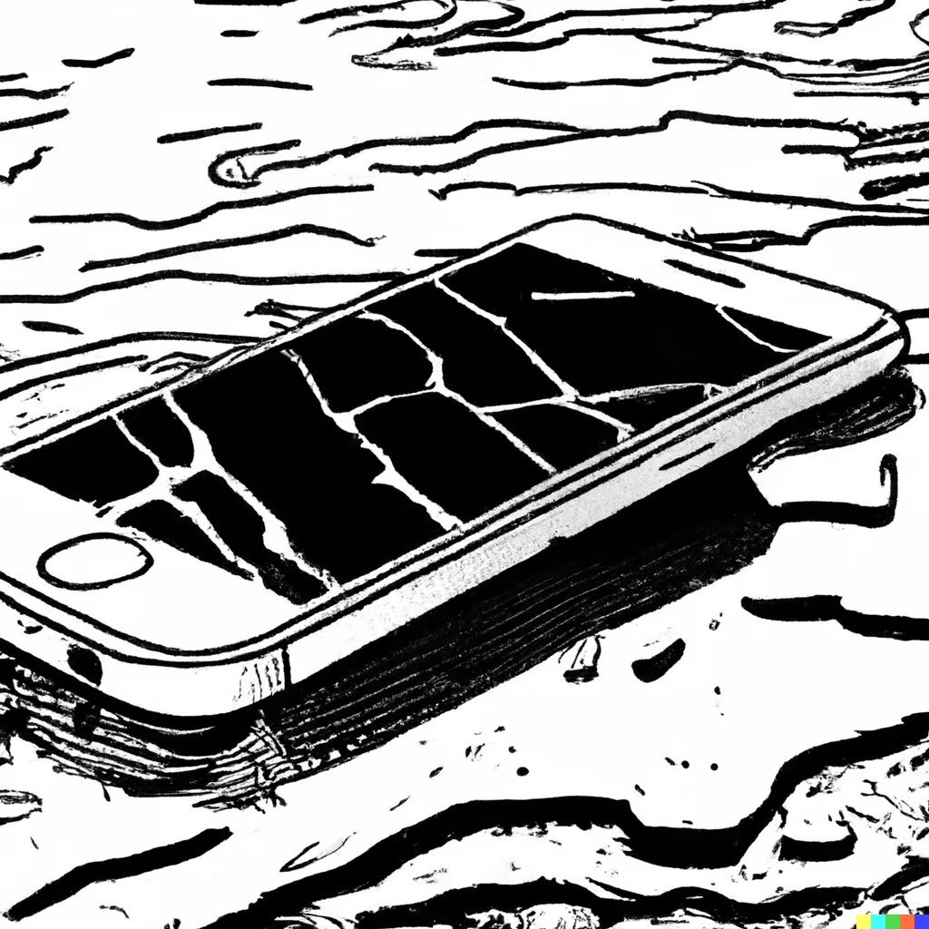 Prompt: woodblock print of a broken iphone in a puddle on the ground