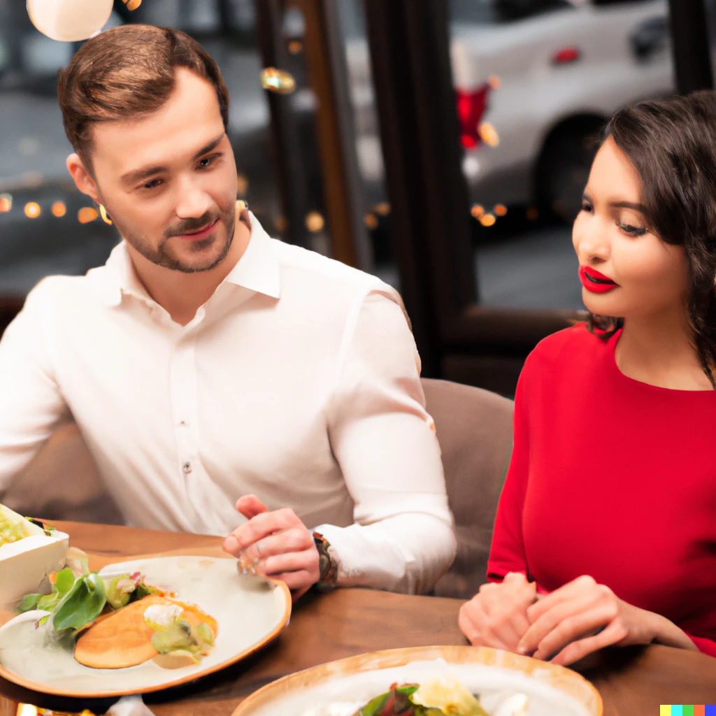 Prompt: Couple sitting awkwardly at restaurant. Man stares happily at food on plate. Woman wants to say something but hasn’t figured out how yet.