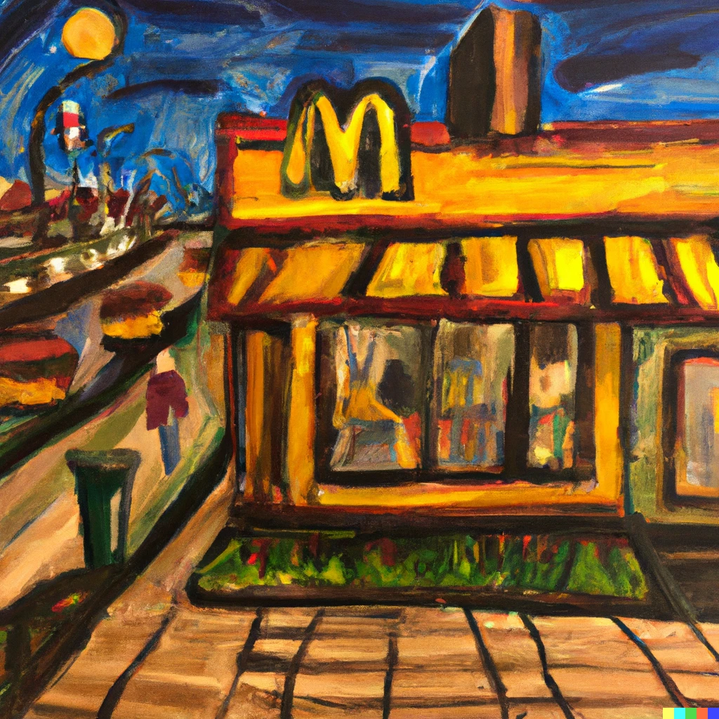 Prompt: Painting of a McDonald’s restaurant in a city by Vincent Van Gogh 