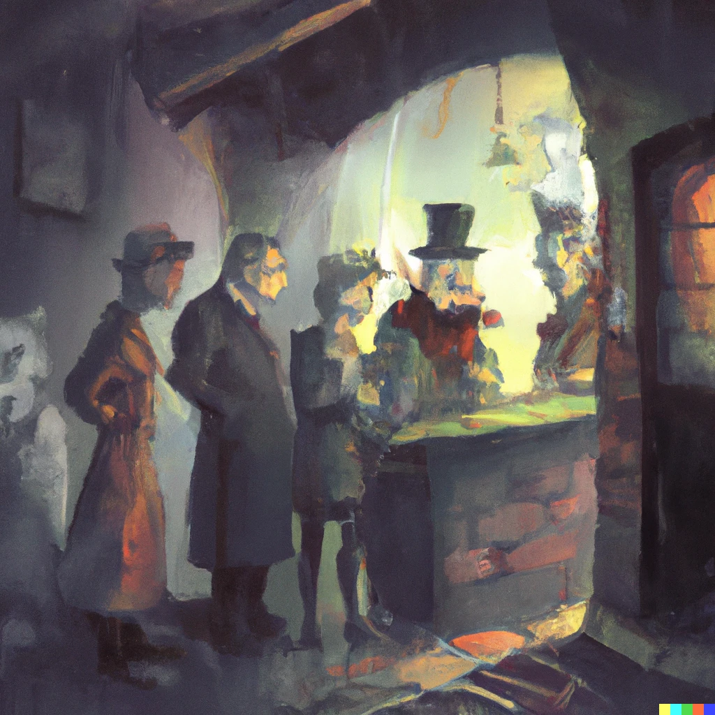 Prompt: A surrealist picture of a Dickensian pub scene, digital art
