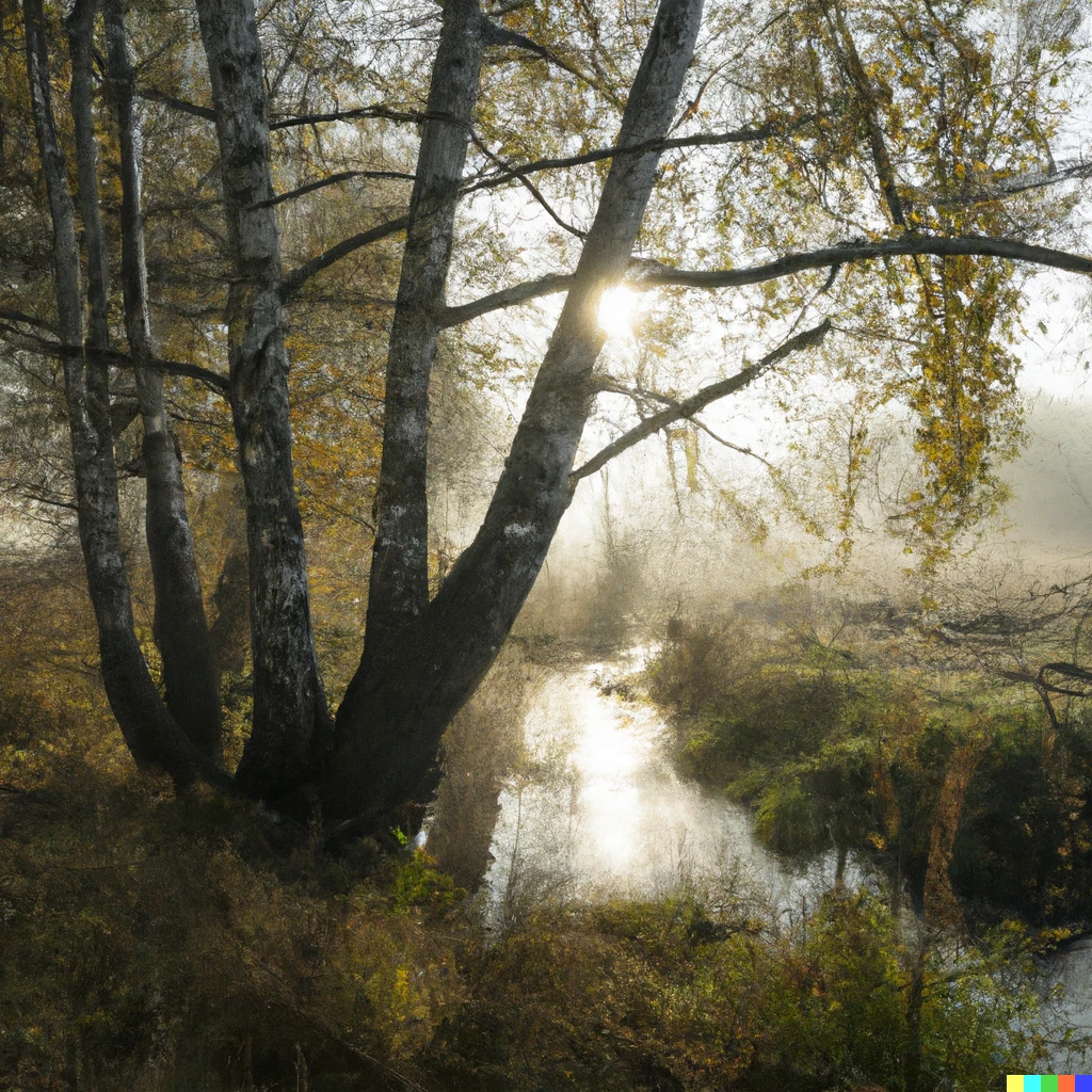 Prompt: photo of autumn birches and a small brook, backlit morning sunlight, mist