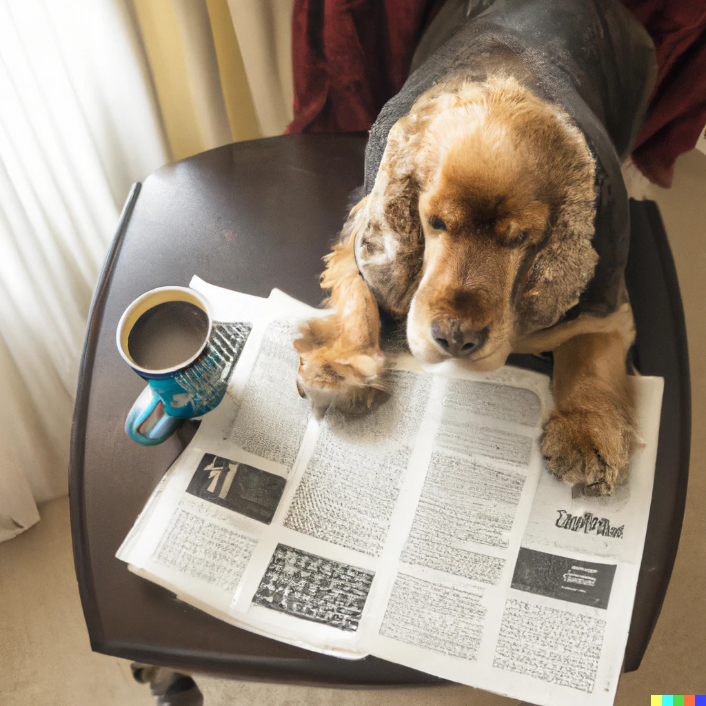 Prompt: An English cocker spaniel reading the morning paper while having coffee