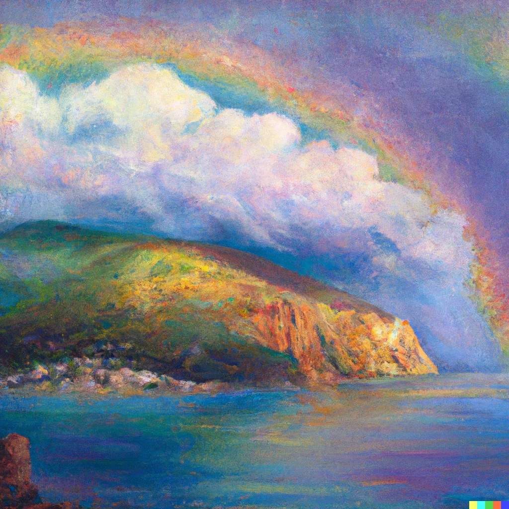 Prompt: Rainbow over Avalon, classic oil painting