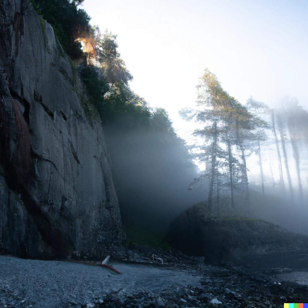 Prompt: photo of coatal pine trees on smooth rocky beach, morning sunlight from the left, mist