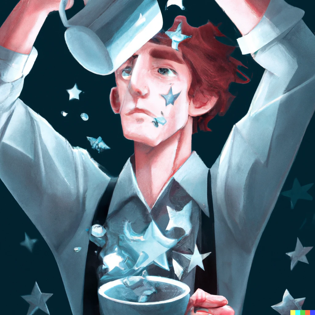 Prompt: A man pouring stars out of a cup, digital art