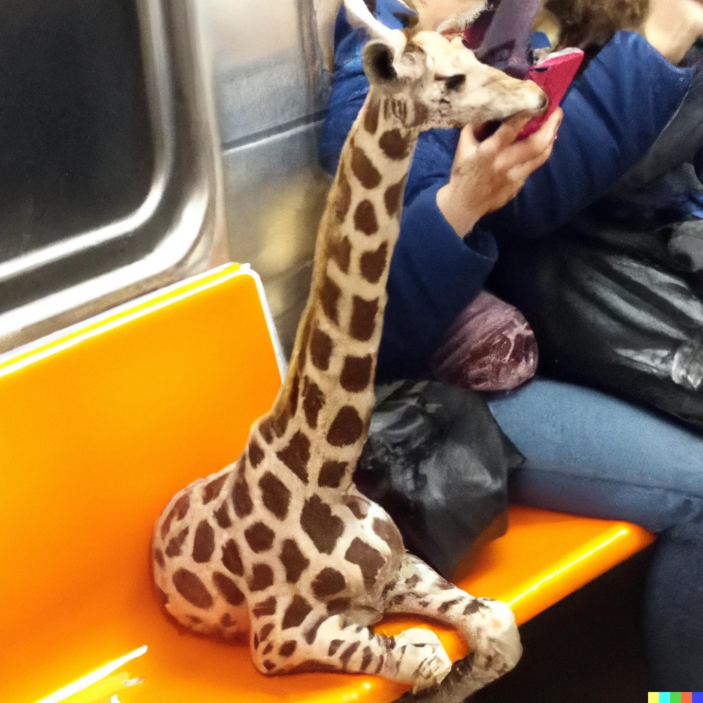 Prompt: A photo of a living miniature giraffe inside of a NYC subway car with other passengers photographing it with their cellphones