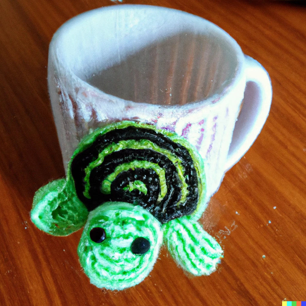 Prompt: Turtle made out of yarn painted on a coffee mug