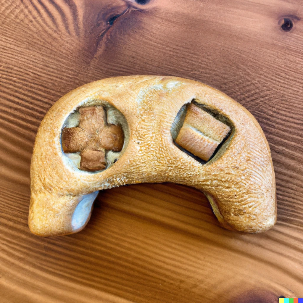 Prompt: Loaf of bread that looks like game controller