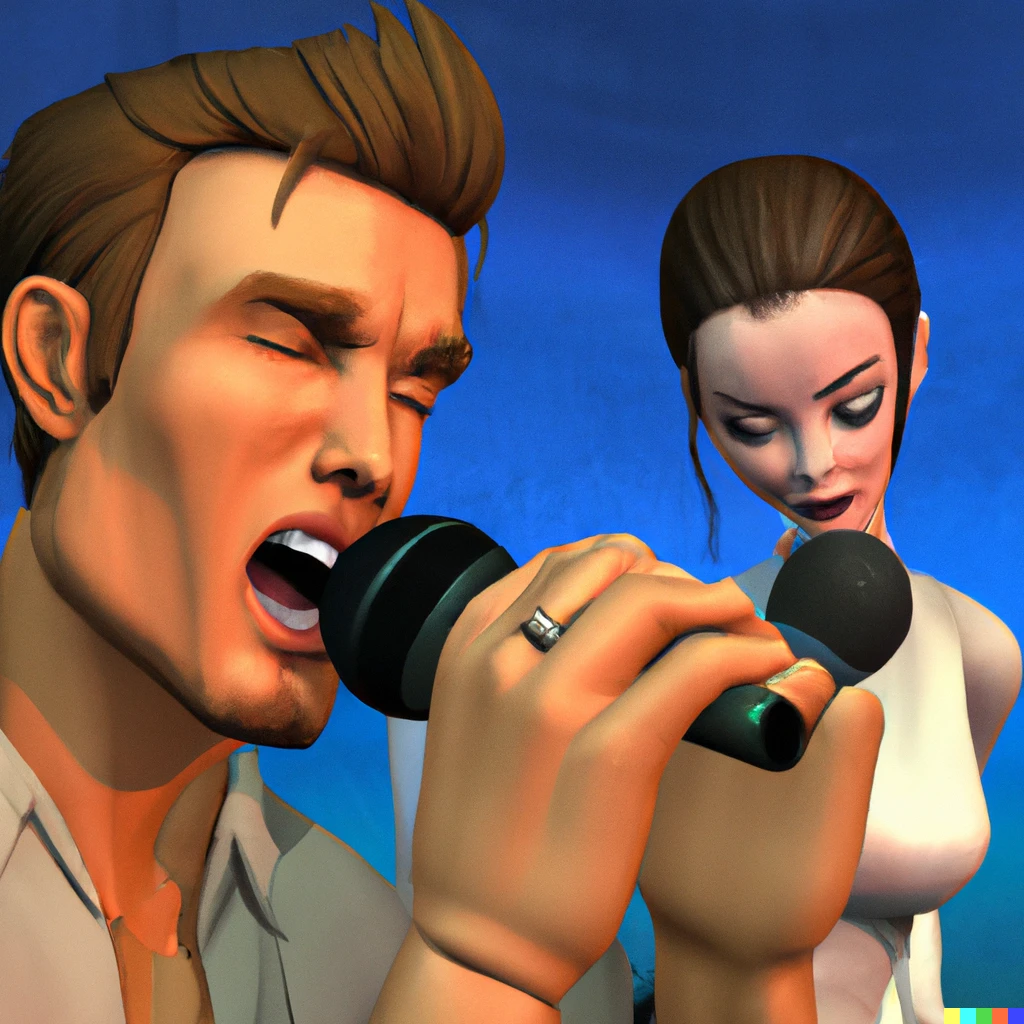 Prompt: Nathan Drake singing with Angelina Jolie