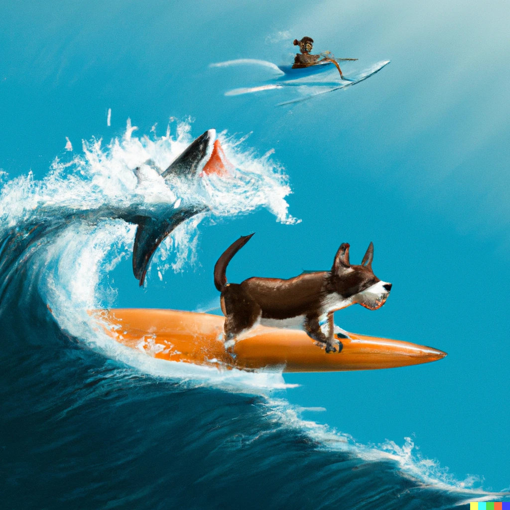 Prompt: dog riding a surfboard getting chased by a shark with a flamethrower 
