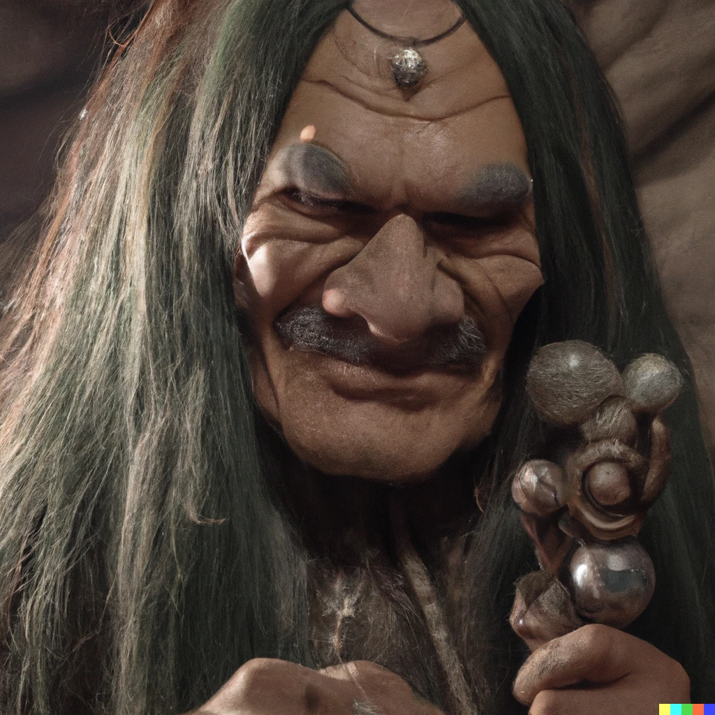 Prompt: A old, happy troll with a Prismatic crystal imbedded in it's forehead. He is holding an oak staff and wearing ragged robes. Photo realistic style, 4k, dark crystal style.