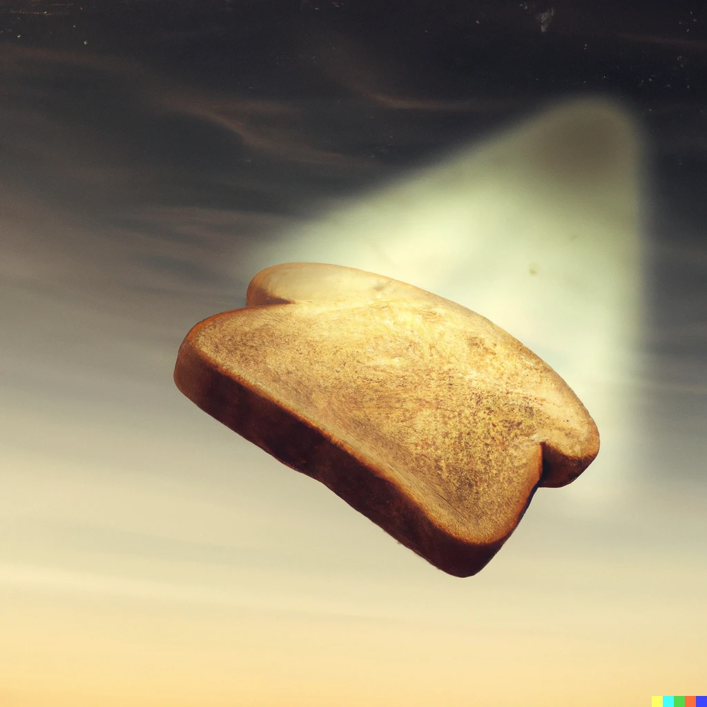 Prompt: piece of bread thats a ufo, digital art