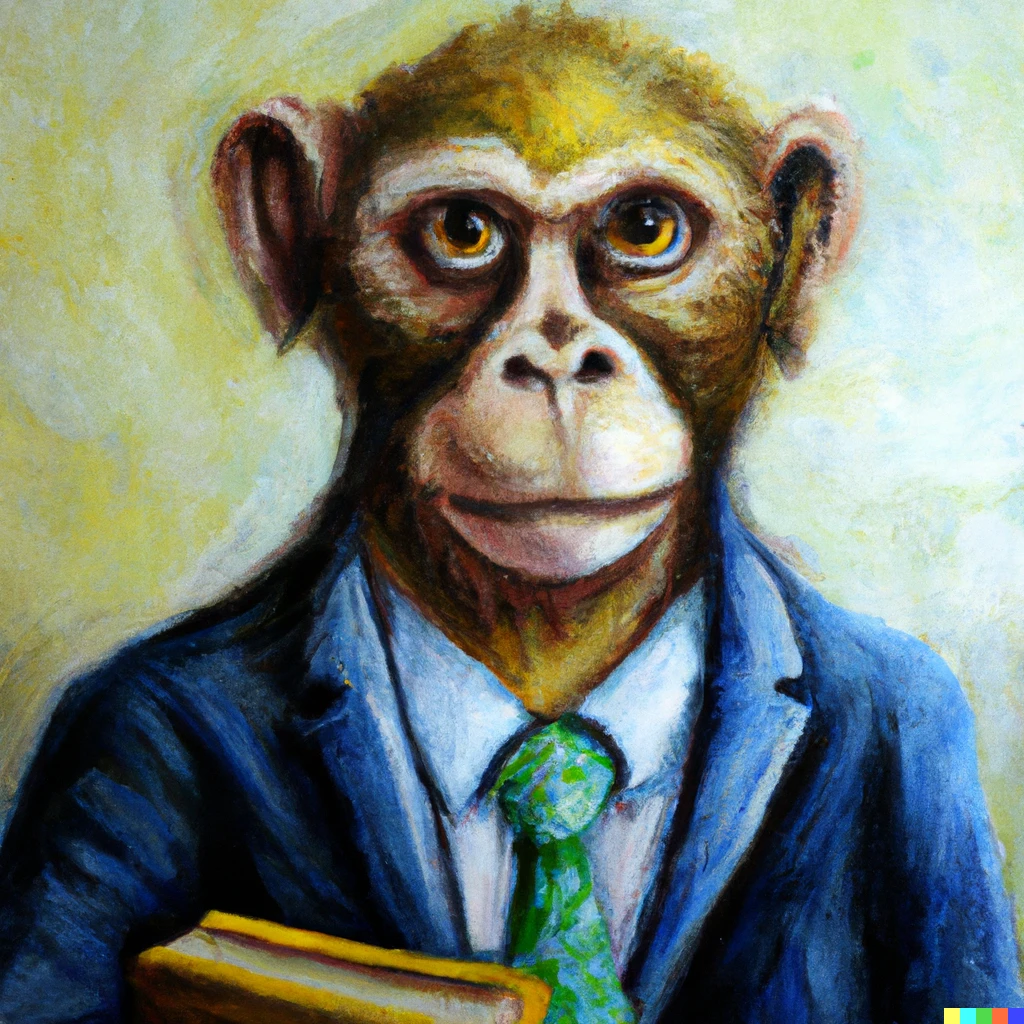 Prompt: A stern looking monkey wearing a suit and tie holding a book, Oil Painting