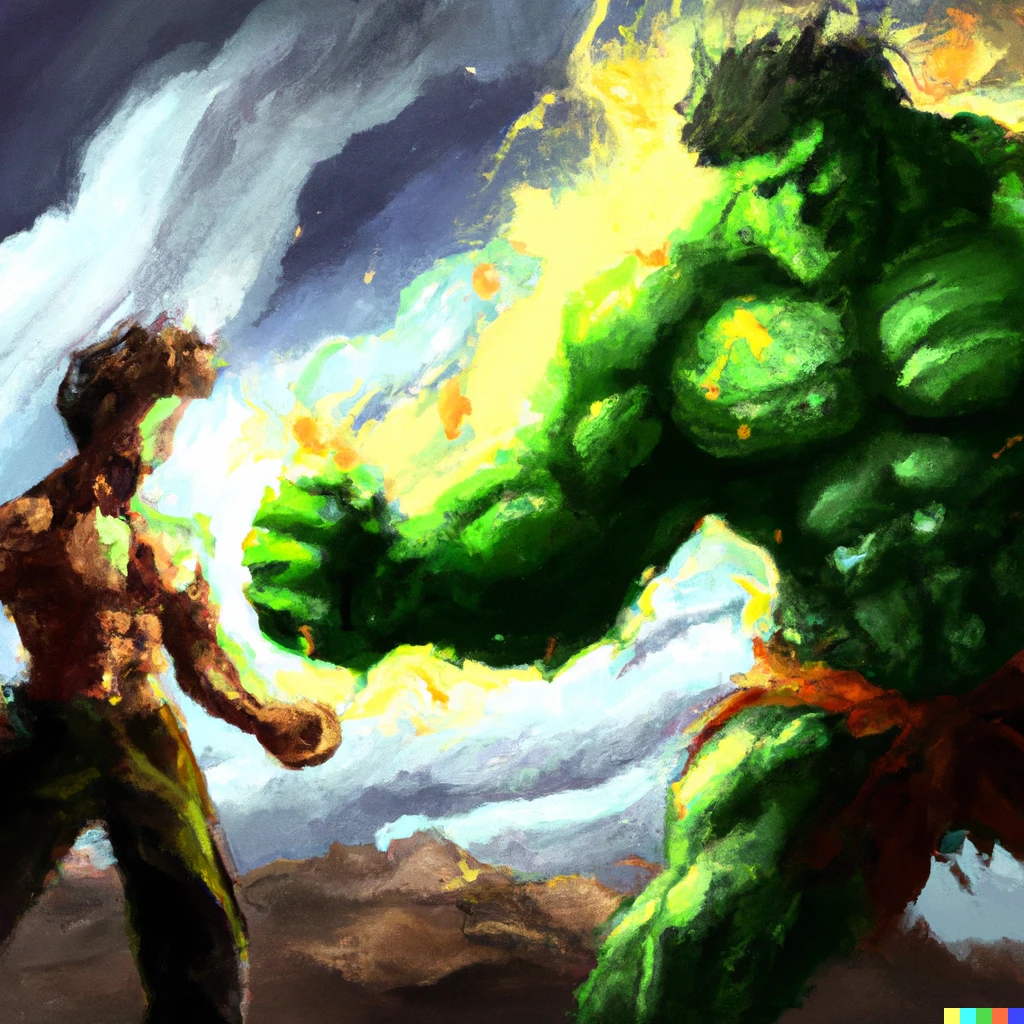 Prompt: Incredible Hulk fighting goku, Digital Art