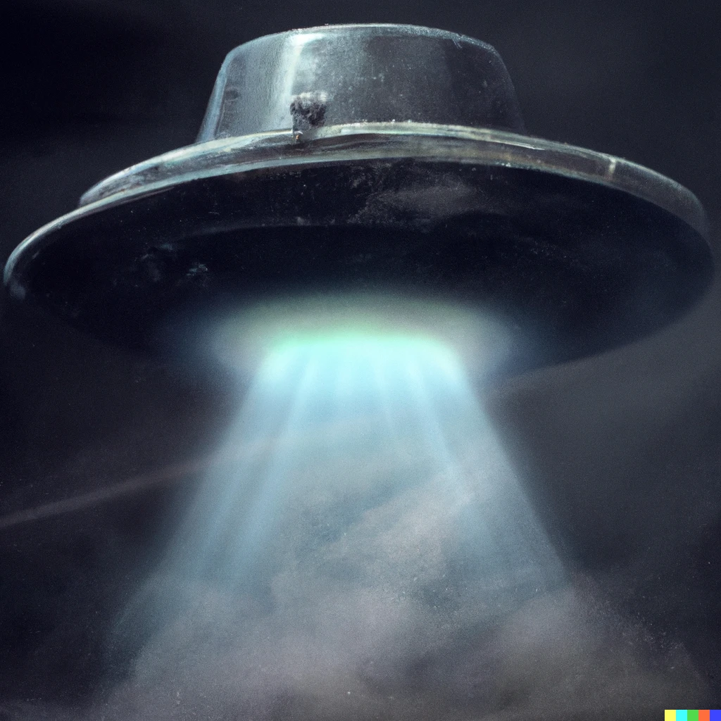 Prompt: A top hat that is a ufo with a tractor beam coming out of the bottom, Digital Art