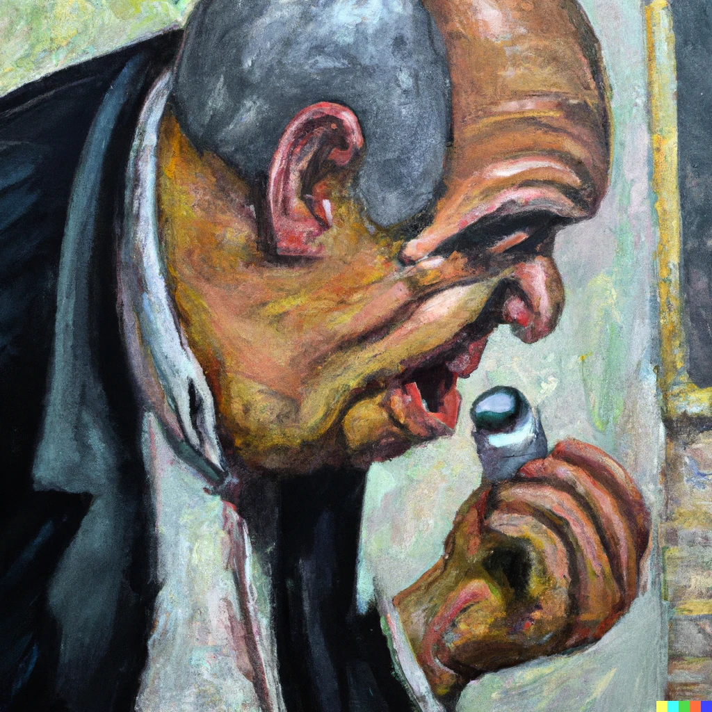 Prompt: An old man taking a comically large pill, Oil Painting