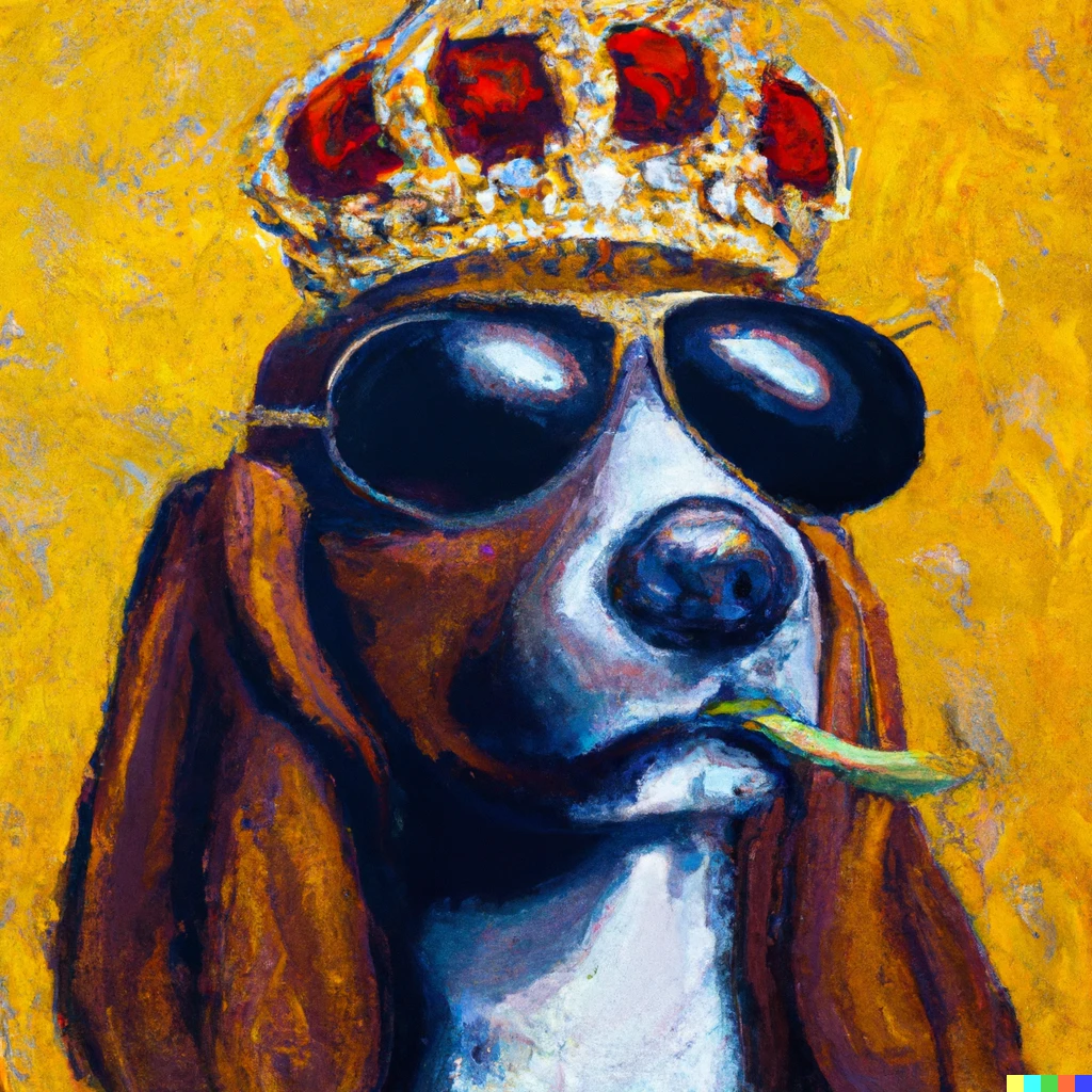 Prompt: Oil Painting of Snoop Dogg with a crown and sunglasses 